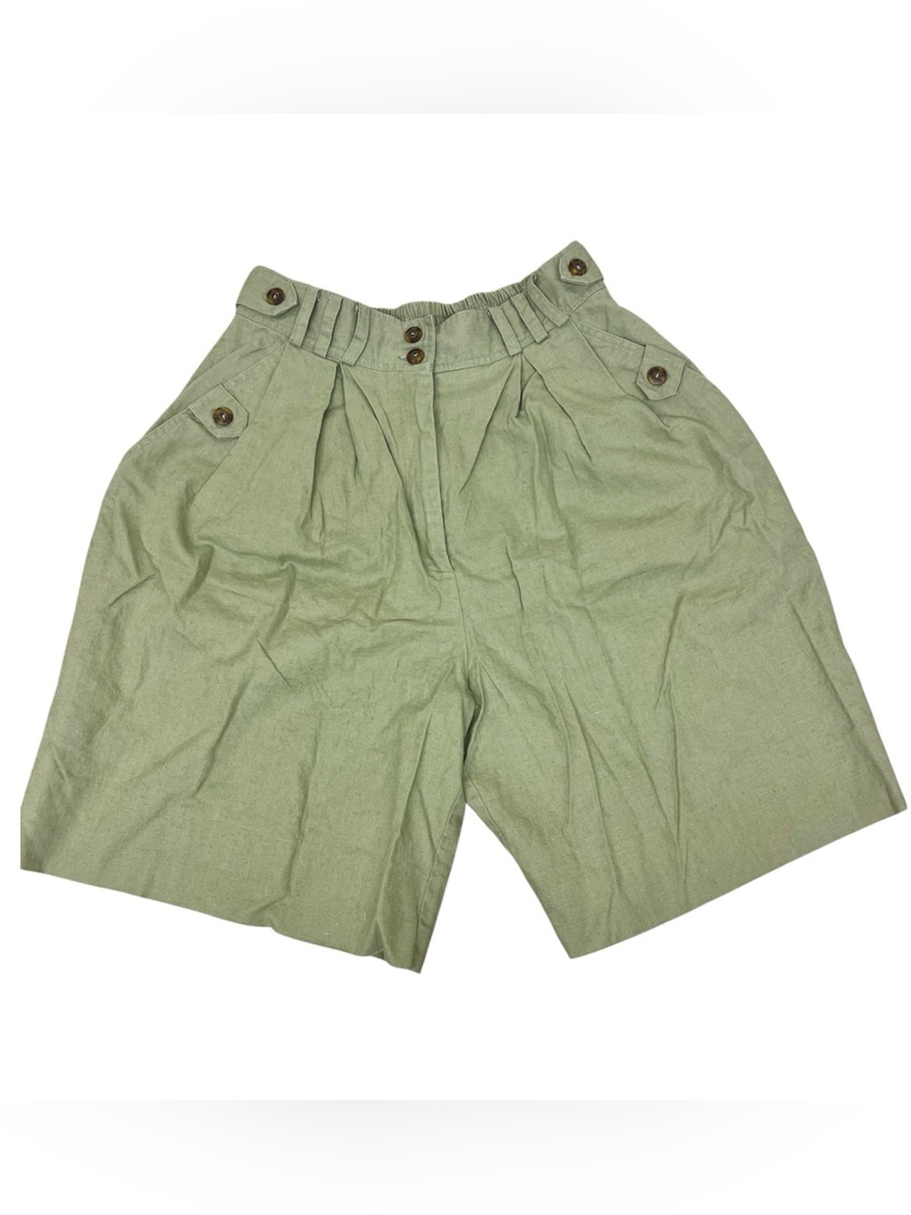 Bechamel 80s Women’s Bermuda Safari Shorts Pleated Olive Linen Size 12